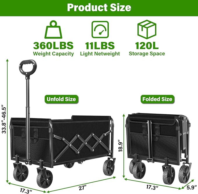 Folding Wagon Cart with All-Terrain Wheels – Heavy Duty Collapsible Utility Wagon for Grocery, Sports, Garden, Camping, Shopping (Black 360LBS)