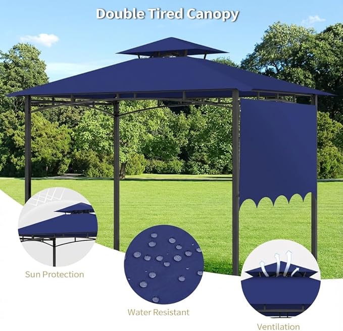 Grill Gazebo Replacement Canopy Top Only - 5' x 11' Outdoor BBQ Gazebo Canopy Roof with Extra Side Awning, Waterproof Double Tiered Shelter Cover (Blue, 5x11)