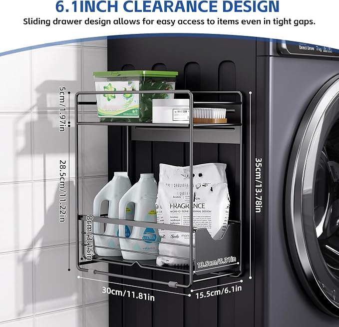 2 Tier Magnetic Shelves for Washing Machine with Pull Out Metal Drawer