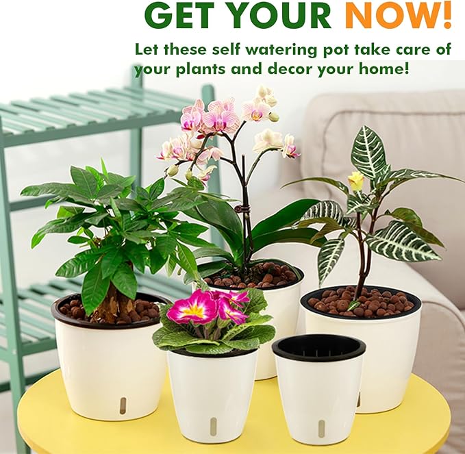 Planterhoma 6.7 Inch Self Watering Pots for Indoor Plants, 6 Packs African Violet Pots with Indicator, Black Wick Pot with Drainage Holes, Self Watering Planters for Orchid, Devil's Ivy, White