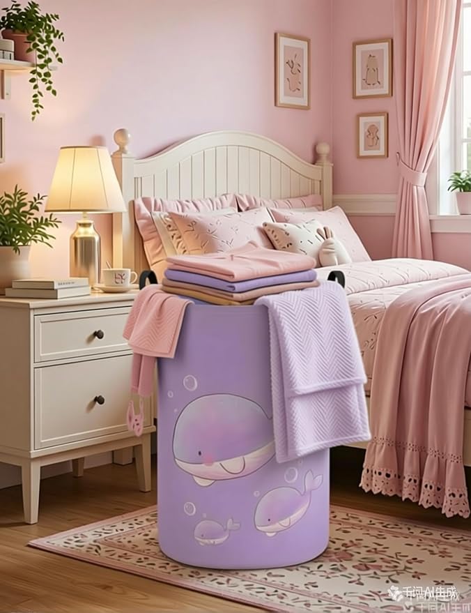 Round Purple Whale Laundry Hamper, Storage Basket for Adults and Kids