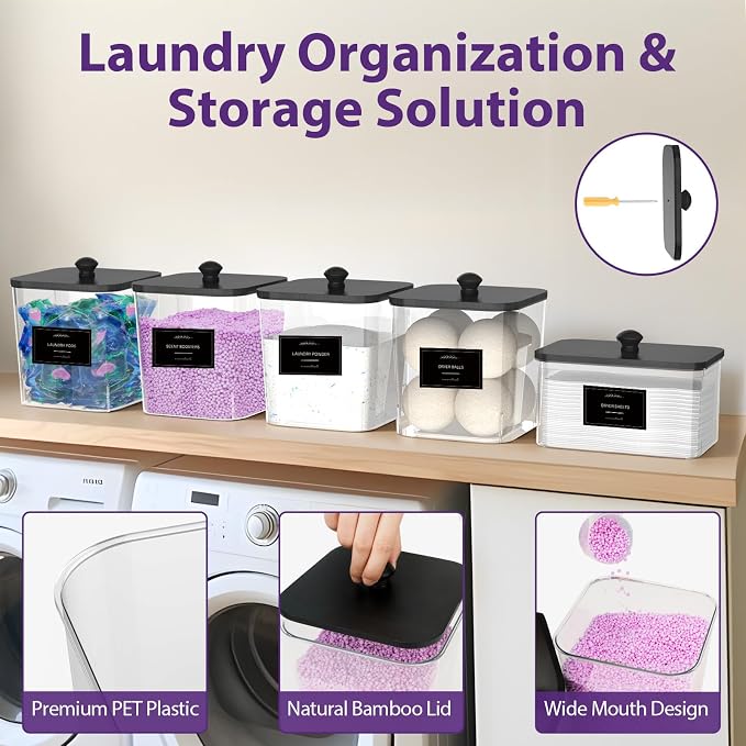 COAZEX 4+1 Pack Clear Laundry Pods Container & Dryer Sheet Holder Black Lid | Laundry Organization Square Design, 2 Scoops & 12 Labels, For Detergent Powder, Laundry Pods, Dryer Sheets, Dryer Balls