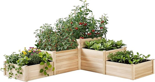 AMERLIFE 3-Tier Raised Garden Bed, 28 Inch Depth Fir Wood Planter Box for Outdoor Gardening with Dividers, Tool-Free Assembly, Garden Box, Ideal for Vegetables, Herbs, Flowers