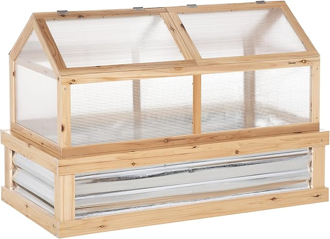 48'' x 24'' x 32'' Raised Garden Bed with Polycarbonate Greenhouse, Wooden Garden Cold Frame Greenhouse, Flower Planter Protection, Natural