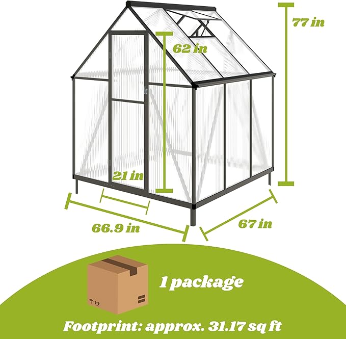 6 x 6 FT Greenhouse for Outdoors, Polycarbonate Greenhouse with Quick Setup Structure and Roof Vent, Aluminum Large Walk-in Green House for Outside Garden Backyard, Charcoal Black