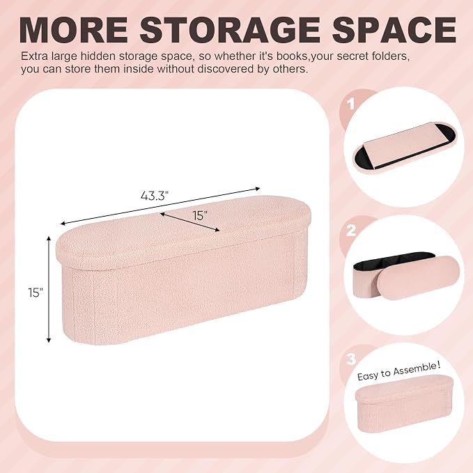 PINPLUS Storage Ottoman Bench Tufted Oval Ottomans for Living Room Foot Rest, Chest Box Velvet Bench with Storage, Pink 43"x15"x15" (Pink)