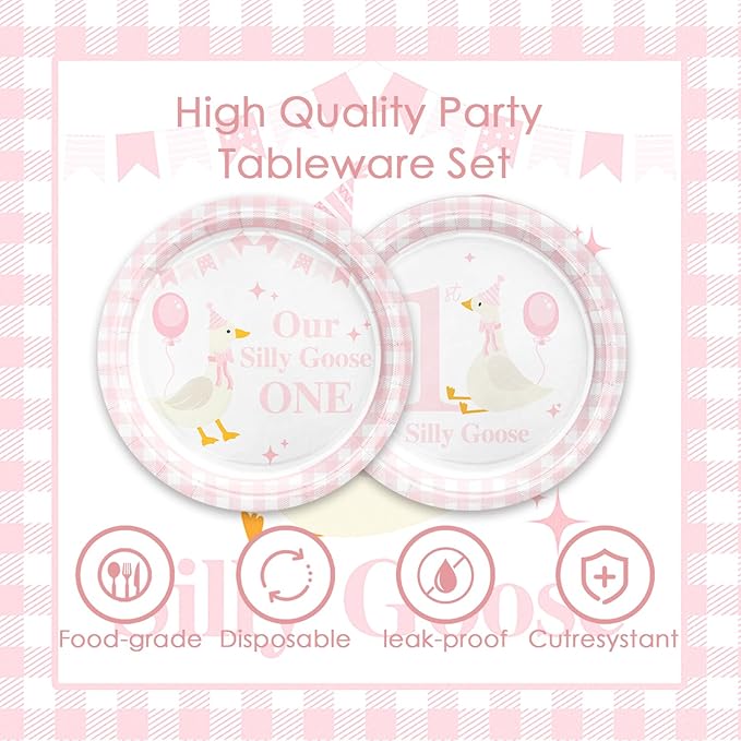 48Pcs Pink One Silly Goose Birthday Party Supplies with Plates,Napkins and Forks,Goose Birthday Party or Baby Shower Decorations Set for 16 Guests