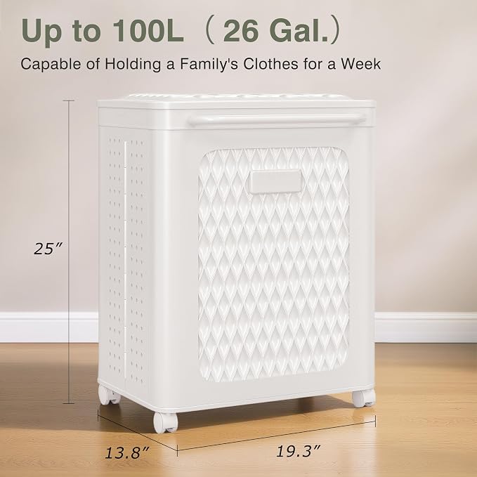 VECELO Rolling Laundry Hamper with Wheels and Lid, Foldable Plastic Laundry Basket with Handle, Rolling Divided Laundry Cart for Small Spaces, Laundry, Bathroom, Bedroom, White