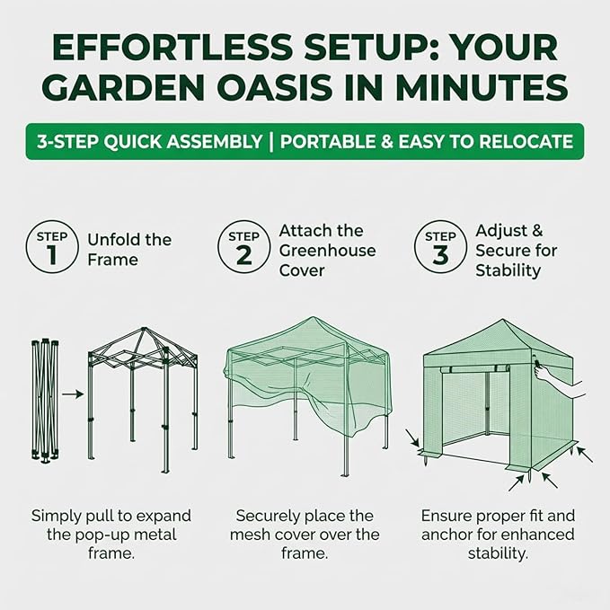 8.5 x 7 ft Pop-up Greenhouse, Walk-in Green House for Indoor Outdoor, Plant Garden Green House with Zippered Doors, Screen Windows, Heavy Duty Frame and Weather-Resistant Durable PE Cover