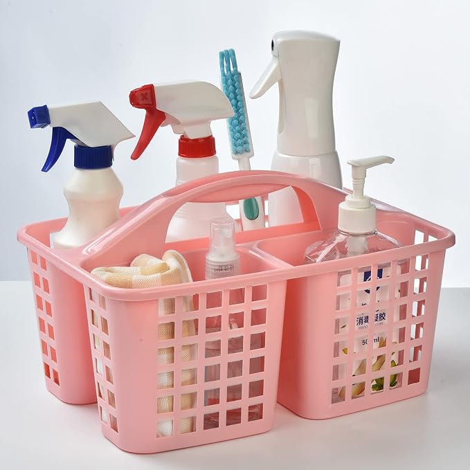 ALINK Plastic Shower Caddy Basket with Compartments, Portable Divided Cleaning Supply Storage Organizer with Handle for College Dorm Bathroom - Pink