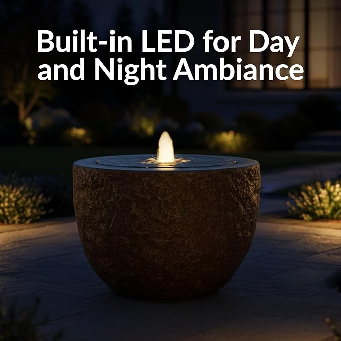 Sunnydaze Outdoor Water Fountain with LED Light - Polystone Oval Bowl Bubbler Water Feature with Pump - 13" H - for Patio, Garden, Deck, Relaxation and Stress Relief - Brown