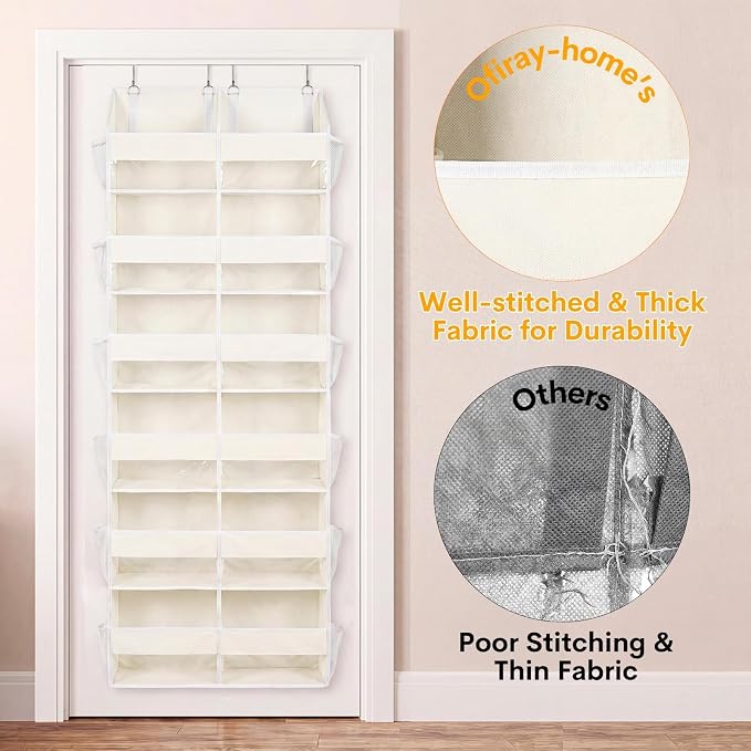 2 Pack Over The Door Organizer 6 Tiers, Extra Large Behind Door Storage of 12 Compartments, 80 lbs Weight Capacity Hanging Storage Organizer with Clear Window Kids Toys,Shoes (6 Tiers - Beige)