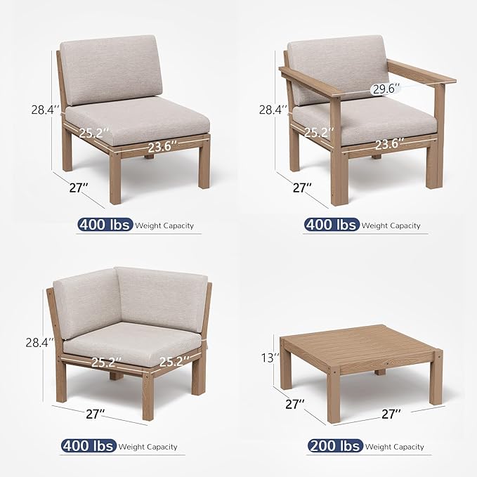 Stoog Modular 2-Seater Outdoor Loveseat, Convertible Sofa with Removable Arm – Waterproof HIPS Frame & Olefin Cushions for Patio, Poolside, Backyard, Teak
