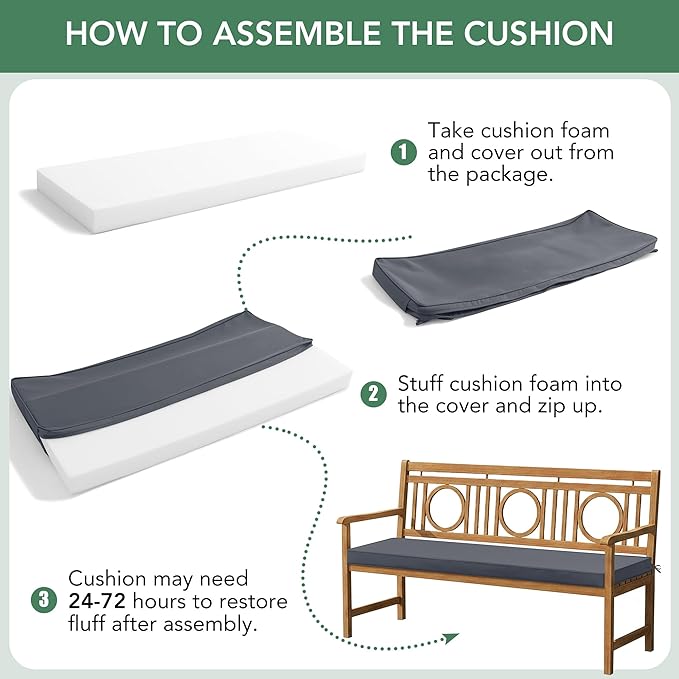 Summsun Outdoor Bench Cushion: Waterproof and Fade Resistant Patio Furniture Cushions - Non-Slip Bench Pad Cushion with Removable Cover for Garden Swing Porch Sofa Settee, 59 x 18 Inch, Dark Grey