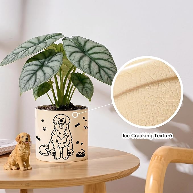 STHIE Ceramic Plant Pots with Drainage Holes, 5 inch Round Flower Pots for Indoor Plant, Cute Flower Planters for Snake Plant, Hand-Painted Garden Pots (Sitting Dog)