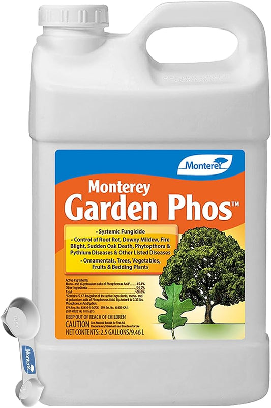 Monterey Garden Phos Bundled with Measuring Spoon - Fungicide for Root Rot, Downy Mildew, Fire Blight, Sudden Oak Death, Phytopthora & Pythium, 2.5 Gallon
