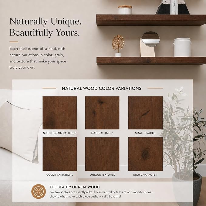 Urbandi Modern Floating Shelves 3 Inches Thick for Wall, Wide Shelves for Kitchen, Living Room, Bedroom, and Bathroom, Natural Pine Wood, Rustic Wooden Shelf, (Set of 2) (Provincial, 36Lx3Hx8D)