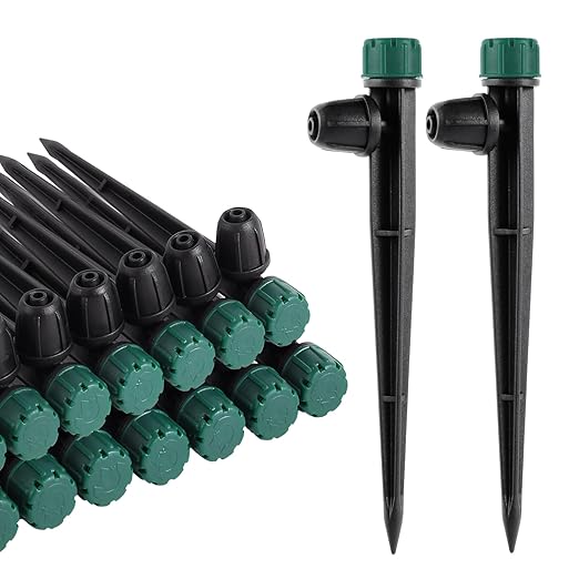 40pc Drip Irrigation Emitters for 1/4" Drip Tubing, Adjustable 360 Degree Automatic Drippers on 5.5" Arrow Stake for Garden Watering System