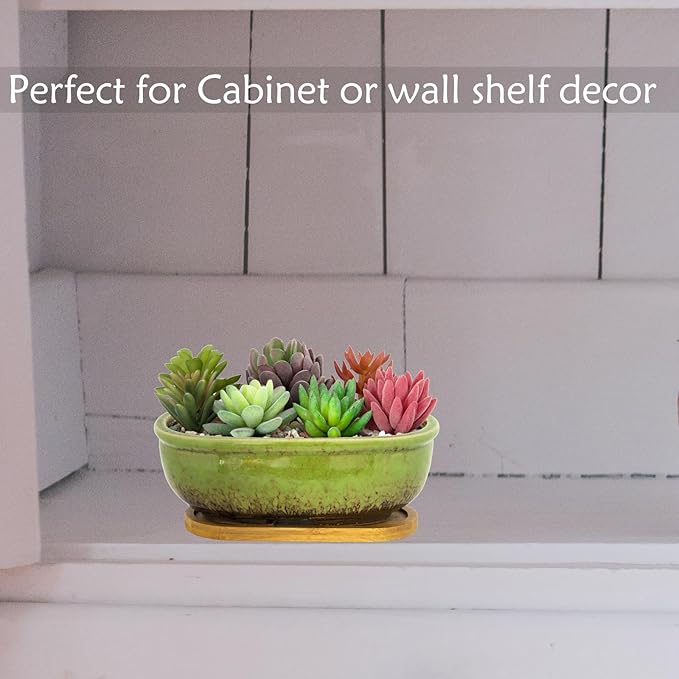 ARTKETTY Succulent Pots - Large Succulent Planters with Drainage Tray, 7.9'' Ceramic Pots for Indoor Cactus Plants, Oval Bonsai Flower Plant Container Bowl Decorative Home Desk Windowsill