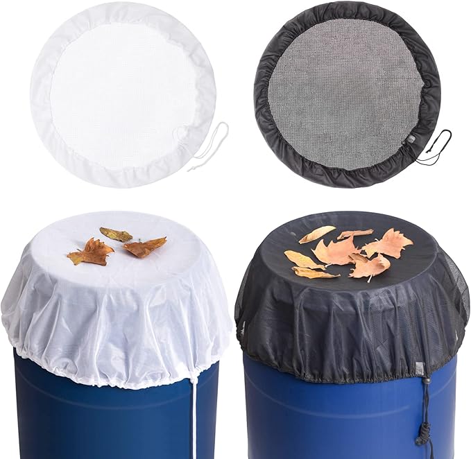 2 Pieces Mesh Cover for Rain Barrels with Drawstring, Water Collection Buckets Tank Protector, Rainwater Bucket Netting Screen Cover for Outdoor Garden, 37.4 Inches, White+Black