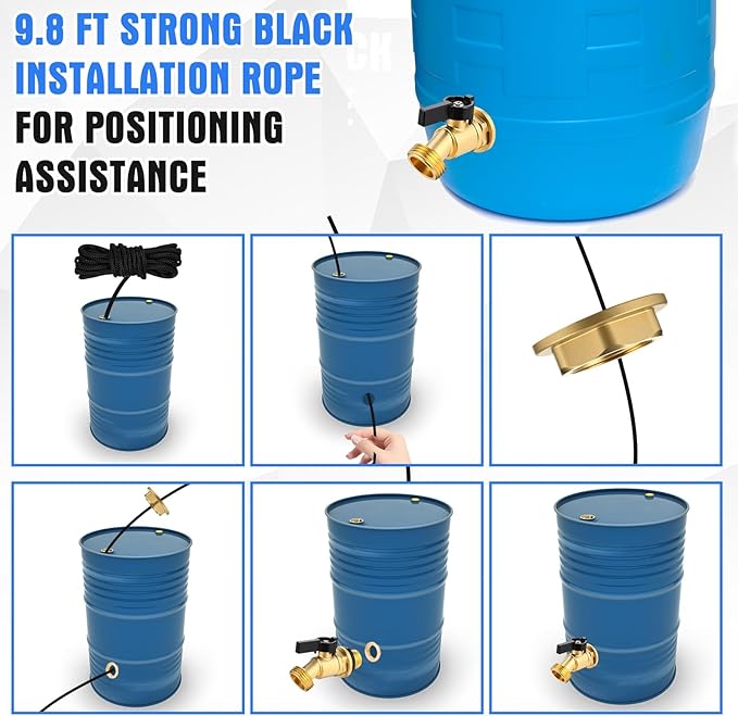 JaGely 3 Sets Brass Rain Barrel Spigot Kit 1/2" Inlet to 3/4" Quarter Turn Ball Valve with Bulkhead Fitting, Brass Bulkhead Faucet Kit with Thread Tape and 9.8ft Traction Rope for Water Tanks, Pools