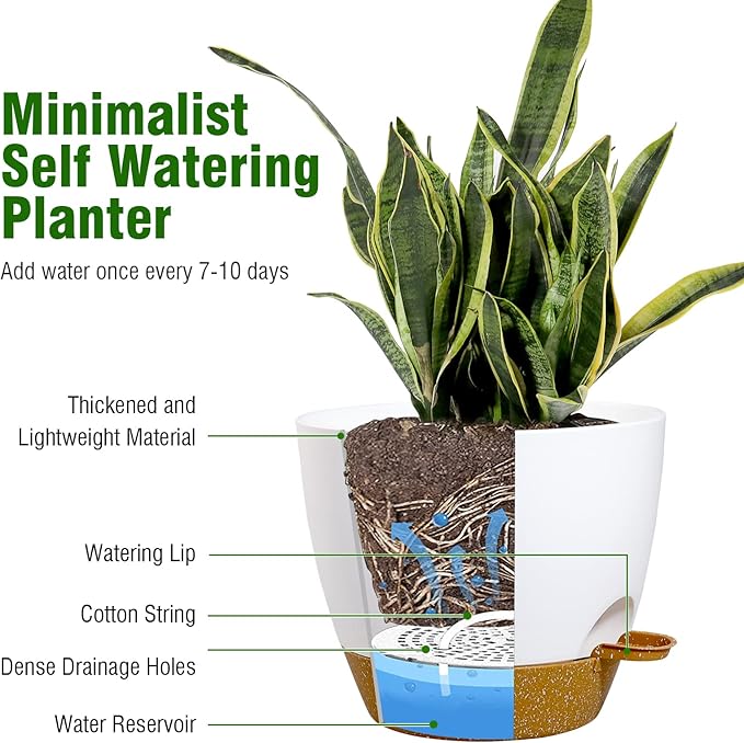 WSMKSZ 10/9/8 inch Medium Self Watering Pots, Planter, Plant Pots with Mesh Drainage Holes for Indoor Outdoor Garden Plants, Plastic Flower Pots with Removable Deep Reservoir, White with Brown