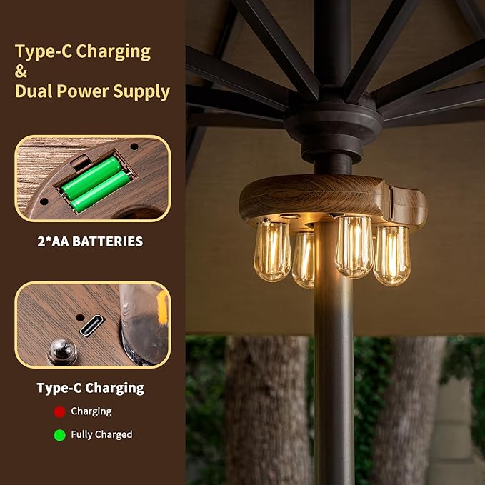 Dark Wood Grain Patio Umbrella Light with Remote Control, Rechargeable Cordless LED Edison Bulbs Pole Light with 10 Brightness Levels for Garden, Patio, Backyard, Camping or BBQ (2 Pack)