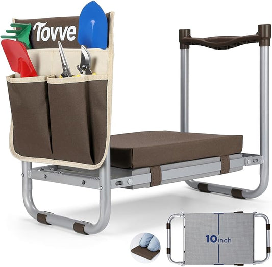 Tovve Foldable Garden Kneeler and Seat, Heavy Duty Garden Stool with 10" Wide Detachable Kneeling Pad, Portable Garden Bench Chair with Large Garden Tool Bag, Gardening Gifts for Women, Seniors, Mom