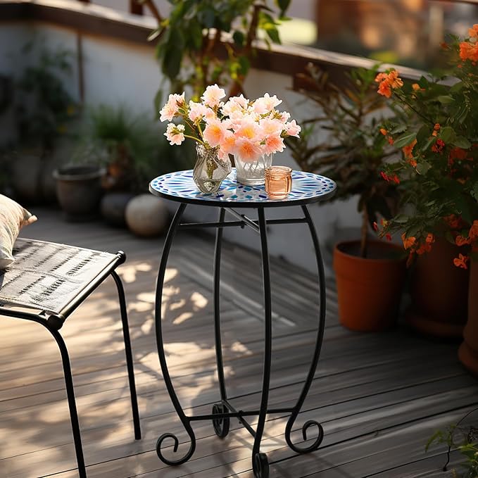 14" Outdoor Side Table, Scrollwork Accent Round End Table, Unique Relief Ceramic Tile Tabletop with Metal Frame, Coffee Tea Table Nightstand for Living Room, Bedroom