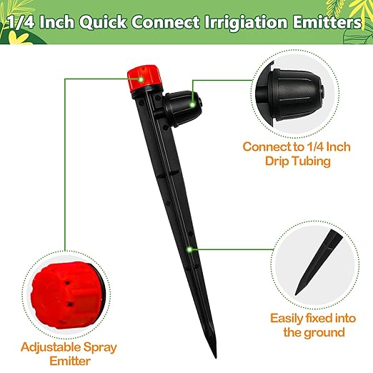 50 Pieces Drip Irrigation Emitters, Adjustable 360 Degree Drip Stream Emitters on 5" with Stake for 1/4" Drip Irrigation Tubing Irrigation 8 Hole Stream Drippers for Garden Watering System