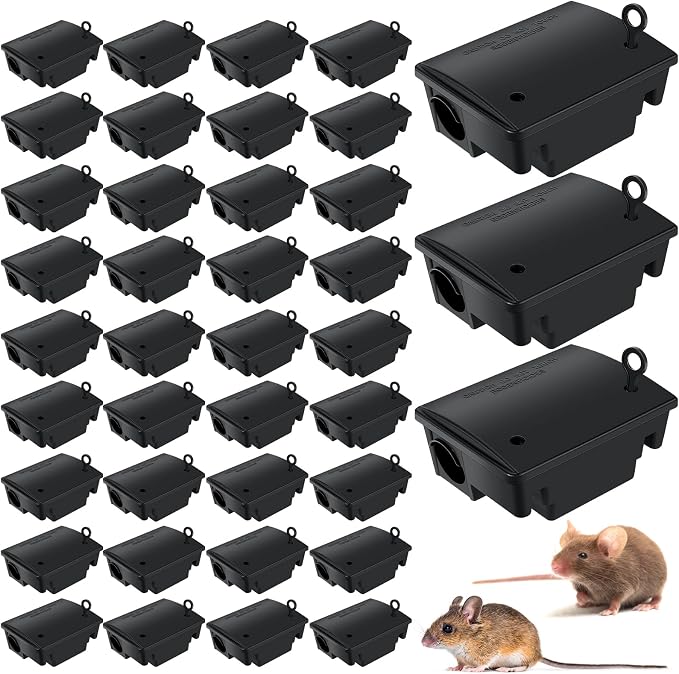 Qualirey 36 Packs Rat Bait Stations Rat Bait Box with Keys Outdoor Mouse Rodent Trap Mice Baits Station Bulk for Outdoor Indoor Use Keeps Pets and Children Safe