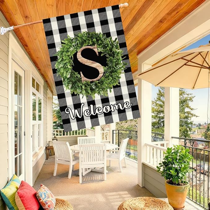 Baccessor Monogram Letter S Garden Flag 28 x 40 Inch, Buffalo Plaid Family Last Name Initial Boxwood Wreath Welcome Vertical Double Sided Large Flags for Outdoor Outside Decoration