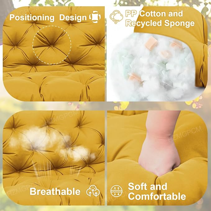 Premium 5"Thick Waterproof Outdoor Swing Cushions Sturdy Durable 2-3 Seat Replacement Porch Swing Cushions with Backrest&Ties Bench Cushion for Outdoor Furniture Backyard Patio(Yellow48x40in)