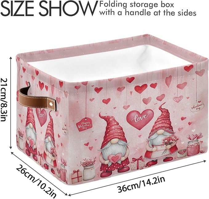 Happy Valentine’s Day Pink Storage Basket with Waterproof Liner and PU Handles Love Heart Gnomes Gift Storage Bins Boxes 14.2" Collapsible Decorative Organizer Baskets for Bedroom Closet Office 1 Pack