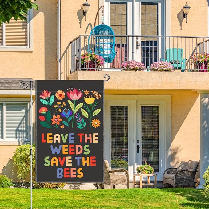 Leave The Weeds Save The Bees Garden Flags for Outside, Bees Friendly Garden Flag, Pollinator-Friendly Yard Banner, National Pollinator Week Lawn Yard Sign Decor, Gardening Gifts for Bee Lover