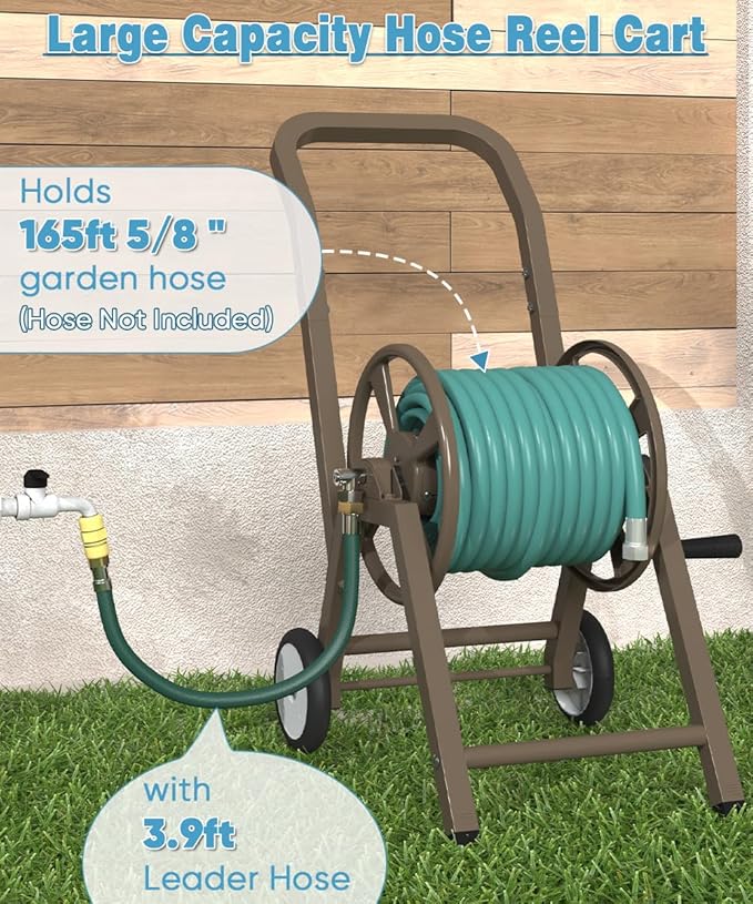 Artigarden Garden Hose Reel Cart with Wheels, Holds 165 ft of 5/8’’ Hose Outdoor Heavy Duty Powder-coated Steel Water Storage Winder Holder with 3.9 Ft Leader Hose for Outside Lawn Yard, Brown