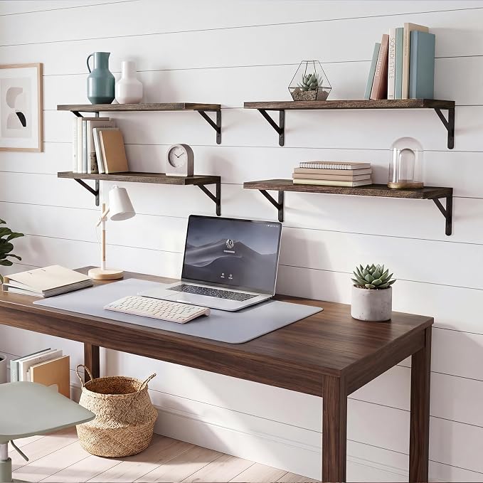 YGEOMER 23.6in Floating Shelves for Wall Home Decor, Brown, Wood, Set of 4 | Rustic wood shelves with metal brackets. Space-saving for books & decor. Works in bathroom, kitchen, living room & bedroom.