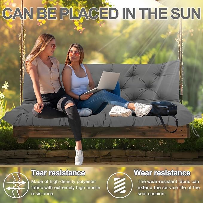 Premium 5"Thick Waterproof Outdoor Swing Cushions Sturdy Durable 2-3 Seat Replacement Porch Swing Cushions with Backrest&Ties Bench Cushion for Outdoor Furniture Backyard Patio(Gray48x40inch)