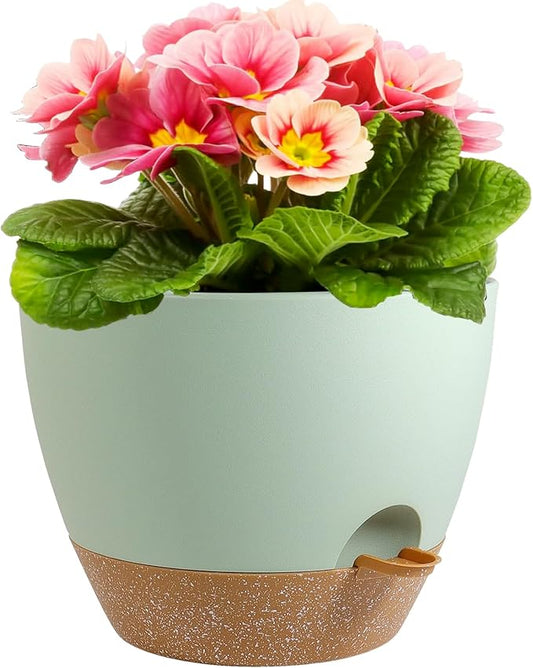 Meowell 12 inch Large Self Watering Pots, Plant Pots with Mesh Drainage Holes for Indoor Outdoor Plants, Plastic Planters with Deep Reservoir for Garden House Flower Plants, Green with Brown