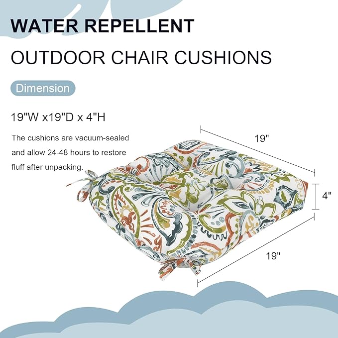 DYTXIII Set of 2 Outdoor Chair Cushions 19"x19"x4", Water Repellent Tufted Patio Seat Cushions with Ties, Thick Replacement Pads for Wicker Dining Chairs, Patio Furniture, Paisley Botanical
