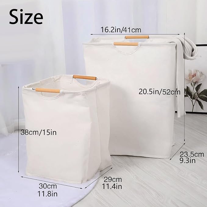 Collapsible Laundry Hamper Bag with Wooden Handles - 36L/8 Gallon Capacity Waterproof Oxford Cloth Storage Basket, Freestanding No Wire Frame, for Dorm Room, Bedroom, Bathroom (Small-White)