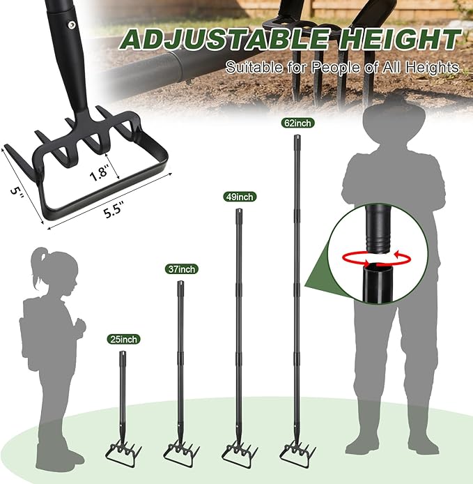 Hoe Garden Tool for Weeding 2-in-1 Heavy Duty Metal Stirrup Hoe 4 Tines Prong Weed Hoe with 32-62 inch Long Adjustable Handle for Women Kids Men