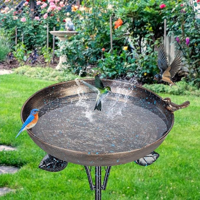 DREAMSOUL 12" Dia Bird Bath Antique Metal Bird Bath for Outside, Pedestal Birdbath with 4 Prongs Stake for Garden Yard Patio Decor