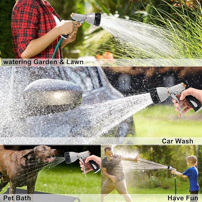 Garden Hose Nozzle Heavy Duty,100% Metal High Pressure Water Hose Sprayer Nozzle with 8 Adjustable Spray Patterns, Non-Slip Grip Hose Sprayer Outdoor for Watering Plants & Lawns, Washing Cars & Pets