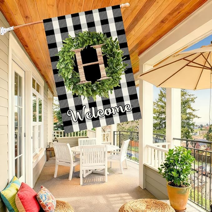 Baccessor Monogram Letter S Garden Flag 28 x 40 Inch, Buffalo Plaid Family Last Name Initial Boxwood Wreath Welcome Vertical Double Sided Large Flags for Outdoor Outside Decoration