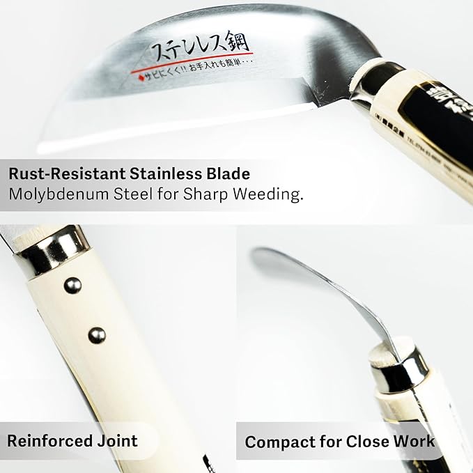 Japanese Stainless Weeding Sickle, HONEN Molybdenum Steel Garden Tool for Weed Removal, Scraping and Rust Resistant Outdoor Use