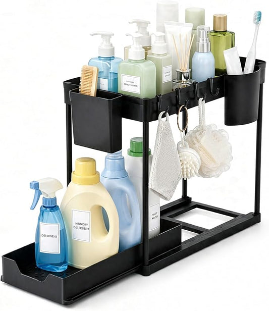 Under Sink Organizer for Bathroom/Kitchen, Large Capacity with Hooks & Cups
