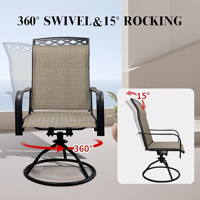 SHGJ&SOFT Patio Swivel Chairs, Waterproof Outdoor Dining Chairs with All-Weather Textilene Mesh for Deck, Garden, and Backyard (Patterned Backrest-Brown, Set of 2)