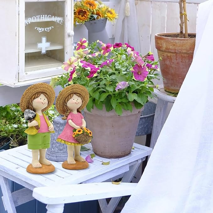 Spring Summer Garden Figurines Set of 2, Boy and Girl Outdoor Garden Statues with Sunflower Basket, Cottage Home Garden Decor for Yard Patio Lawn, for Women
