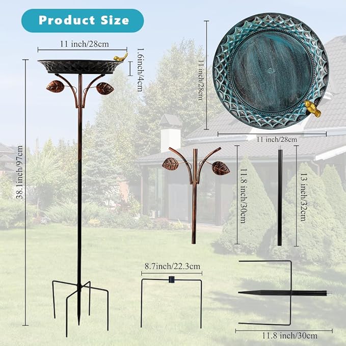 VEWOGARDEN 38 Inch Height Metal Bird Bath for Outside, Standing Bird Bath with Stake for Outdoors Garden Yard Patio Decoration, Light Blue